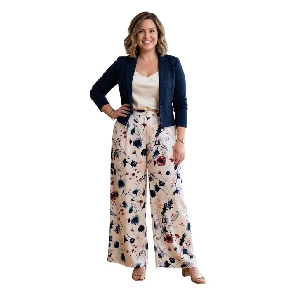 Anthropoligie Ranna Gill Satin Wide Leg Pants Womens 14 Floral High Rise Pleated